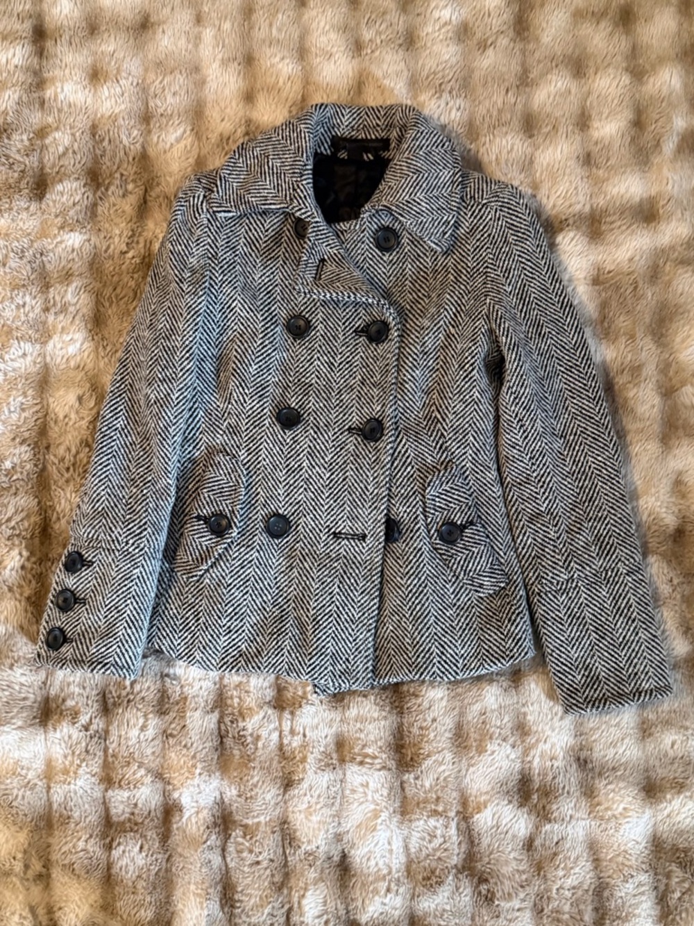 Express Black & White Herringbone Double-Breasted Peacoat